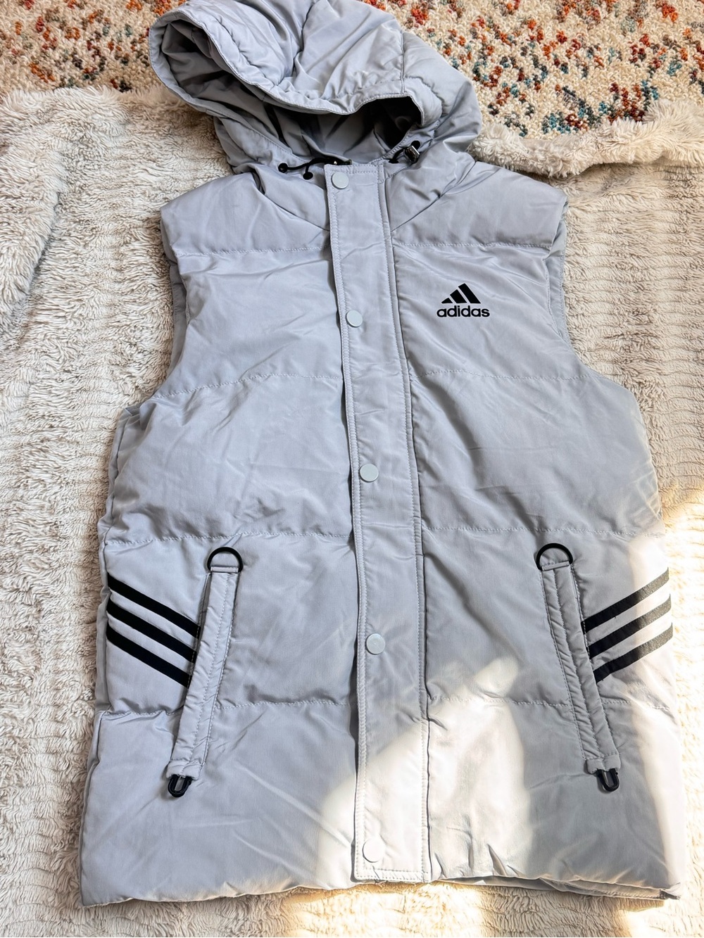 adidas Light Gray Hooded Quilted Puffer Vest with Black Trim